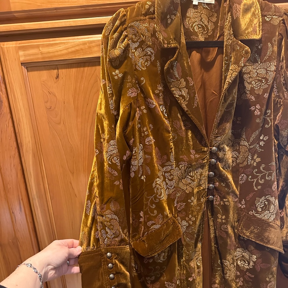 Free people gold velvet maxi duster with rose design and brass buttons - size L